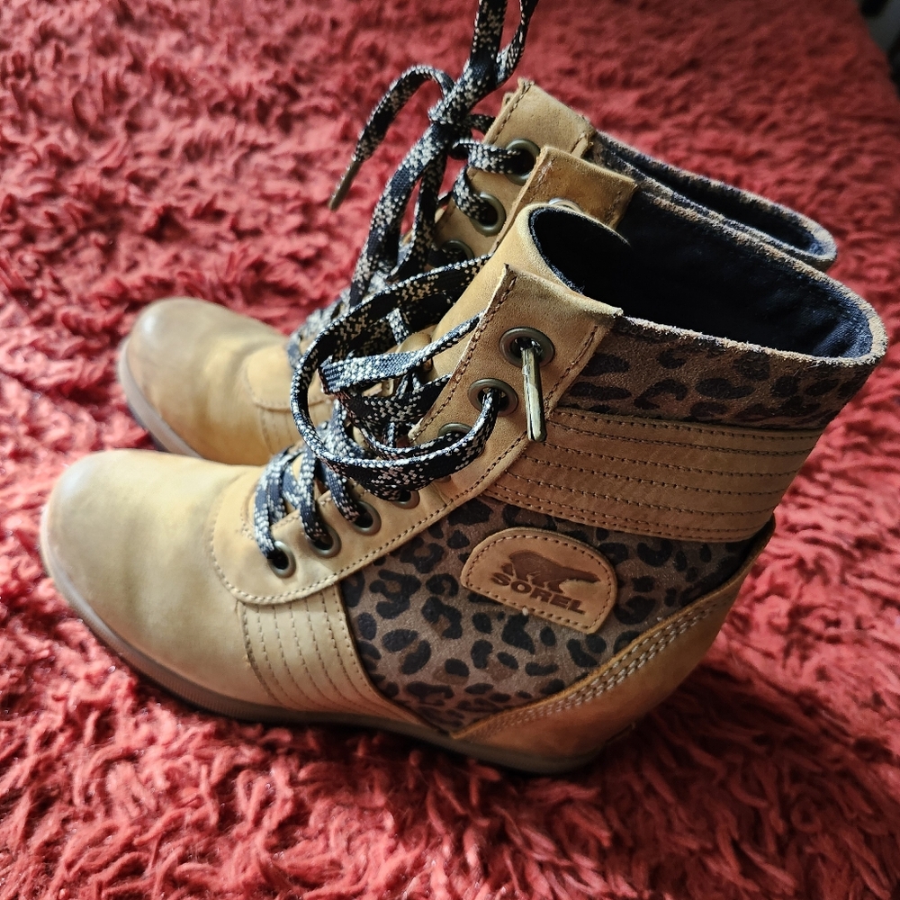 SOREL Women's Lexie Brown Leather Platform Wedge Leopard Print Booties Size 7 - Picture 15 of 16